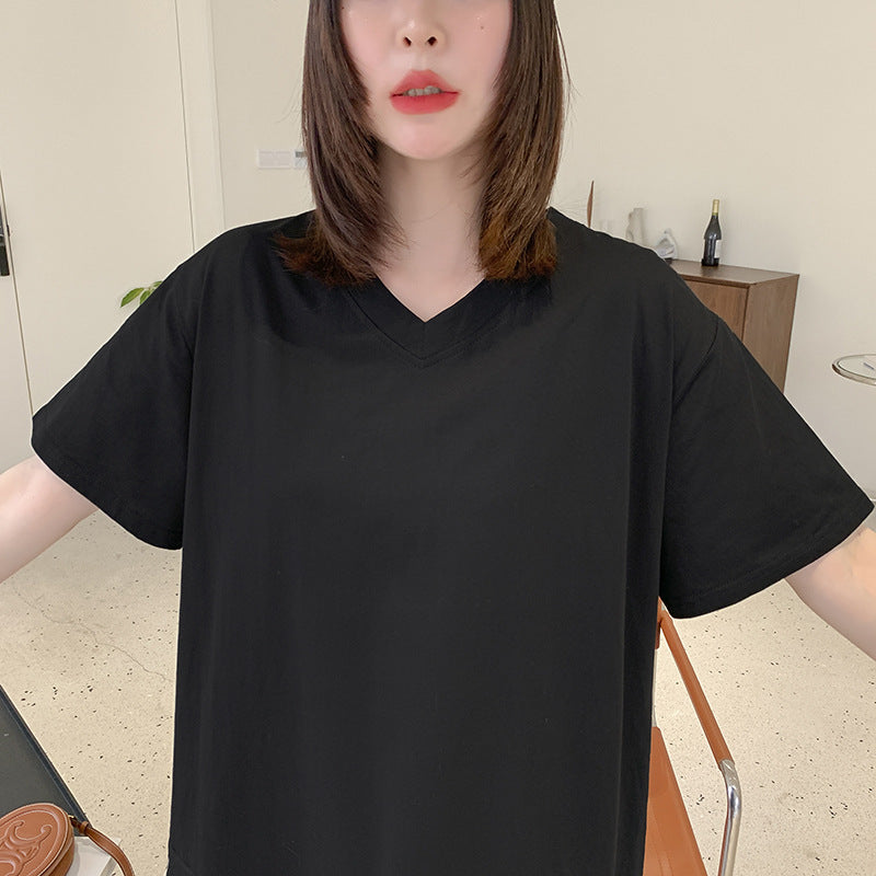 Plus Size Korean Leopard V Neck Midi T Shirt Dress