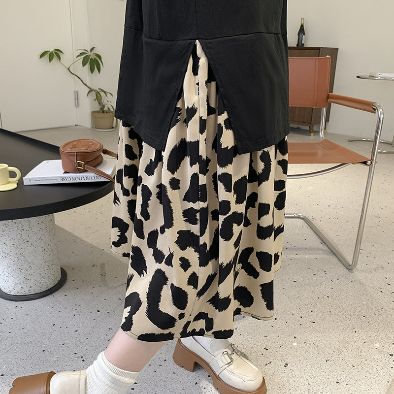 Plus Size Korean Leopard V Neck Midi T Shirt Dress