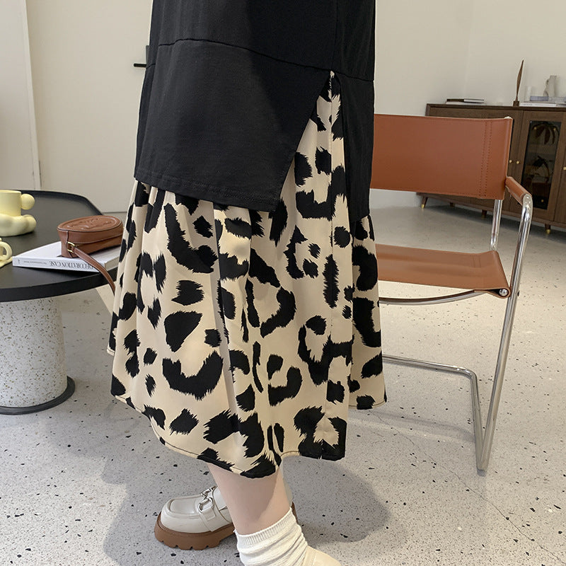 Plus Size Korean Leopard V Neck Midi T Shirt Dress