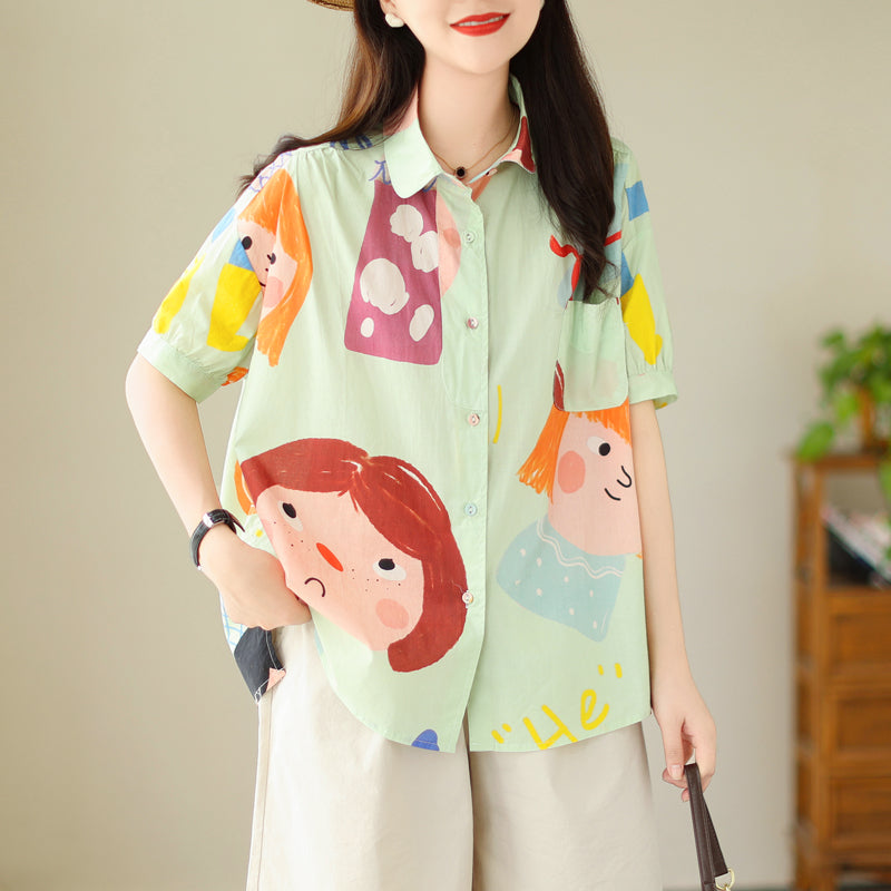 Plus Size Retro Cute Girl Print Shirt Blouse