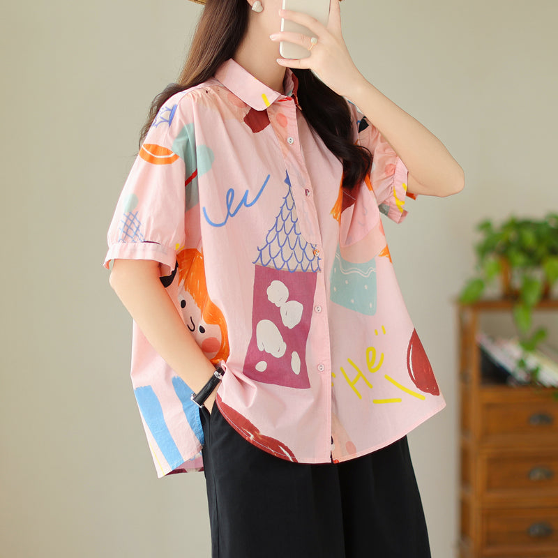 Plus Size Retro Cute Girl Print Shirt Blouse