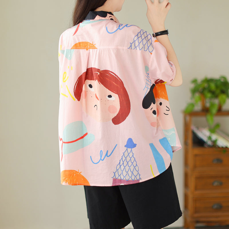 Plus Size Retro Cute Girl Print Shirt Blouse