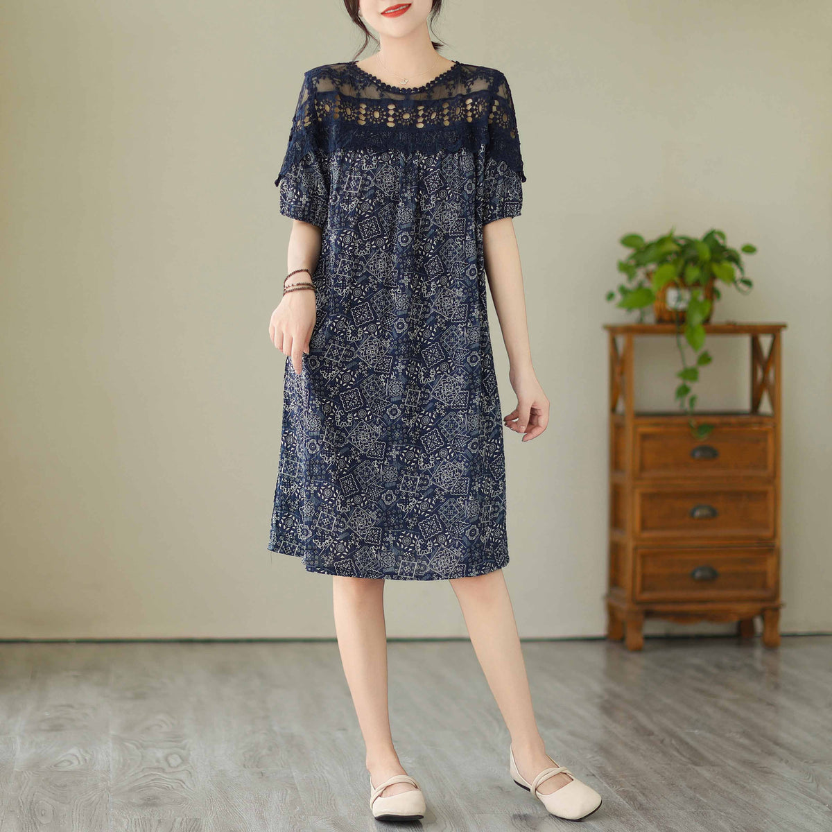 Plus Size Lace Upper Navy Pattern Shift Dress