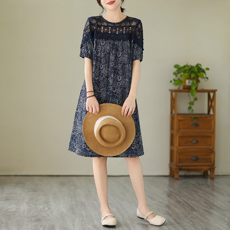 Plus Size Lace Upper Navy Pattern Shift Dress