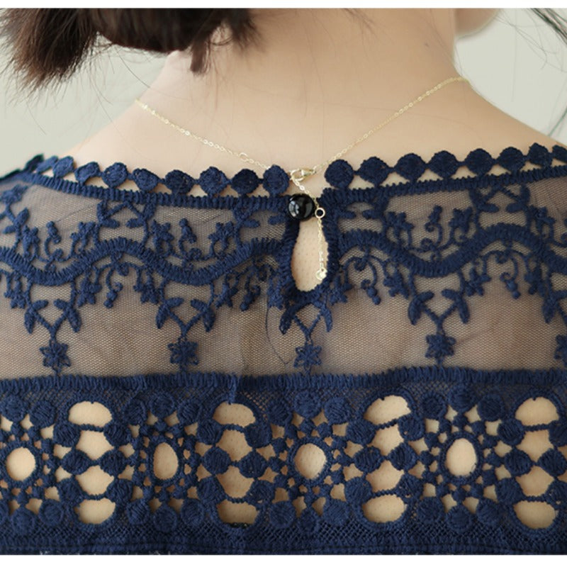 Plus Size Lace Upper Navy Pattern Shift Dress