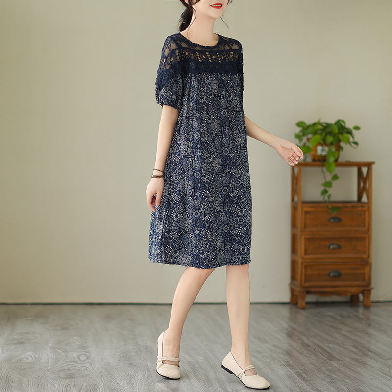 Plus Size Lace Upper Navy Pattern Shift Dress