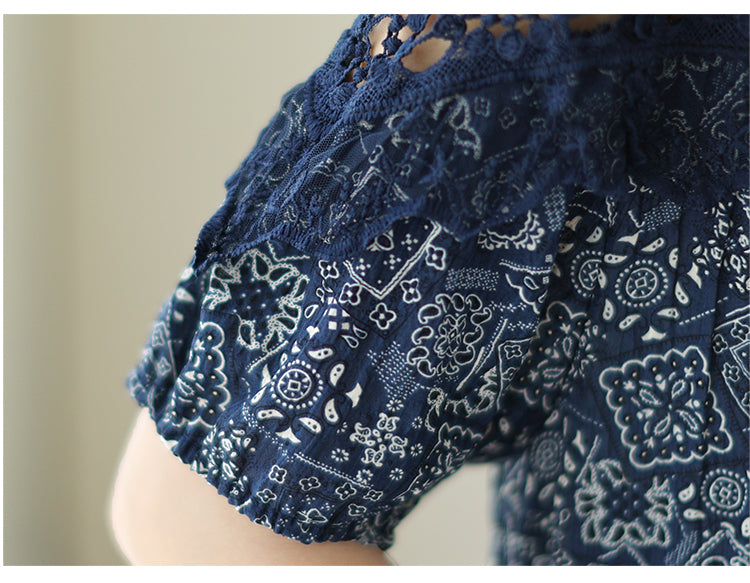 Plus Size Lace Upper Navy Pattern Shift Dress