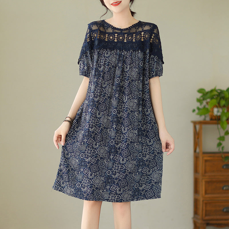 Plus Size Lace Upper Navy Pattern Shift Dress