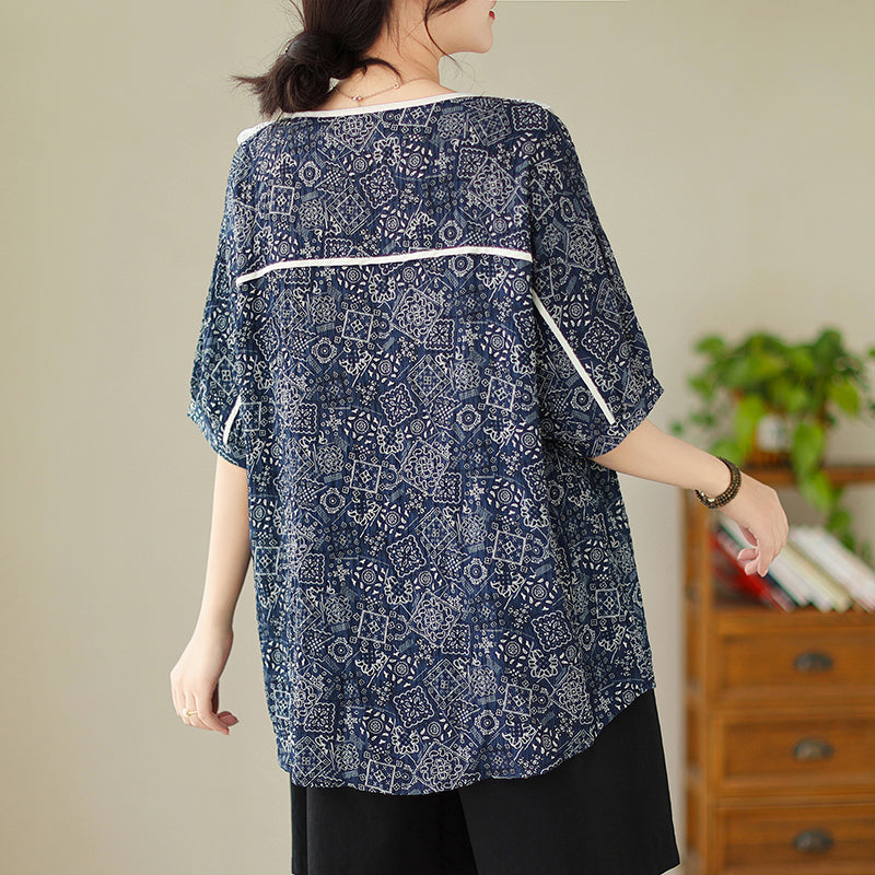 Plus Size Lace Collar Navy Pattern Shirt Blouse