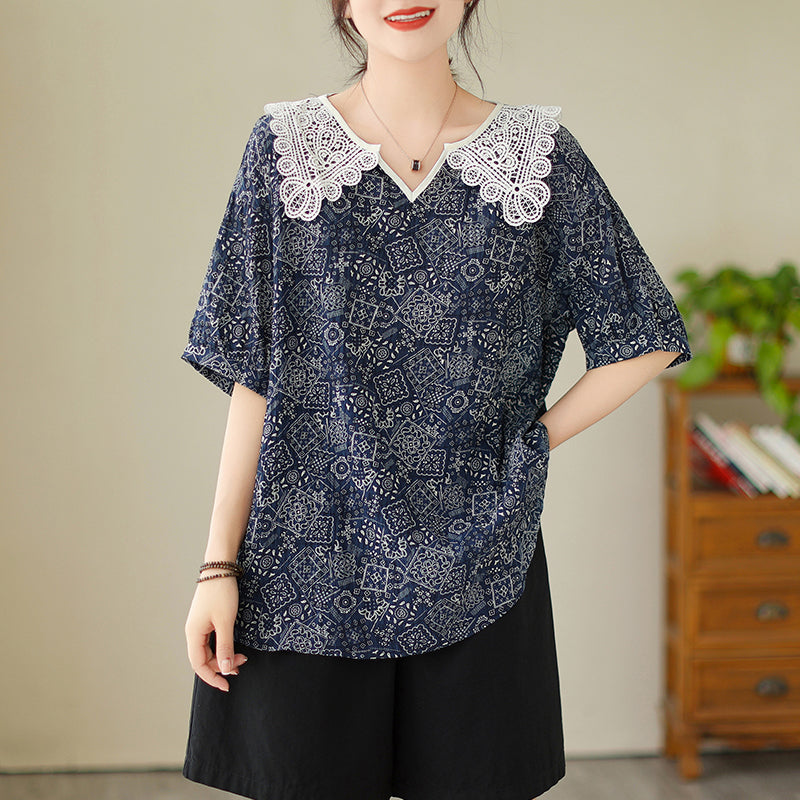 Plus Size Lace Collar Navy Pattern Shirt Blouse