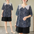 Plus Size Lace Collar Navy Pattern Shirt Blouse