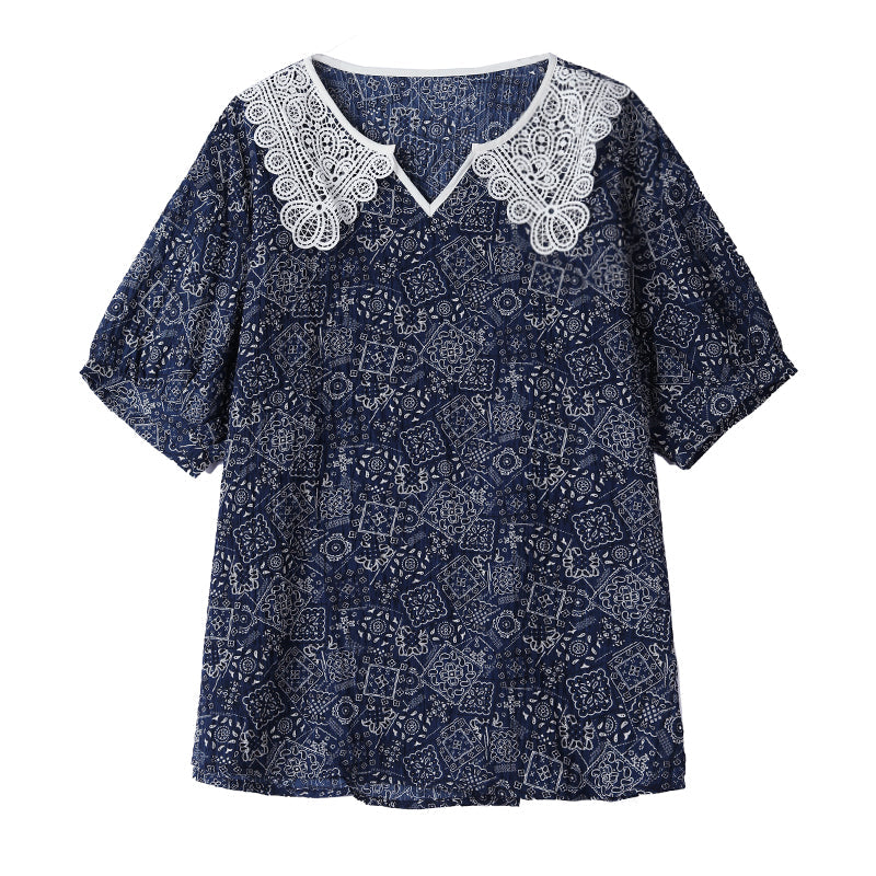 Plus Size Lace Collar Navy Pattern Shirt Blouse
