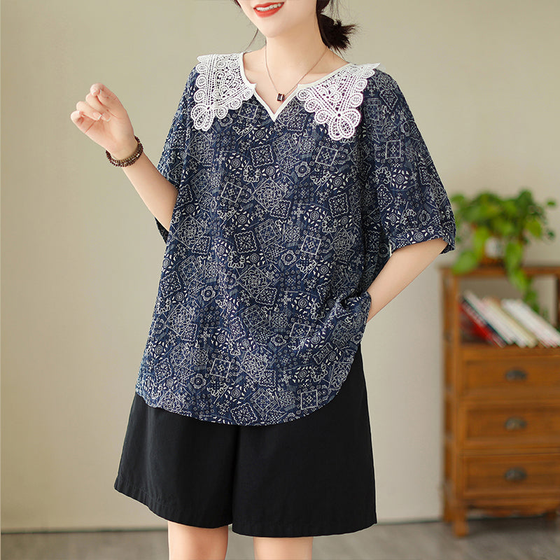 Plus Size Lace Collar Navy Pattern Shirt Blouse