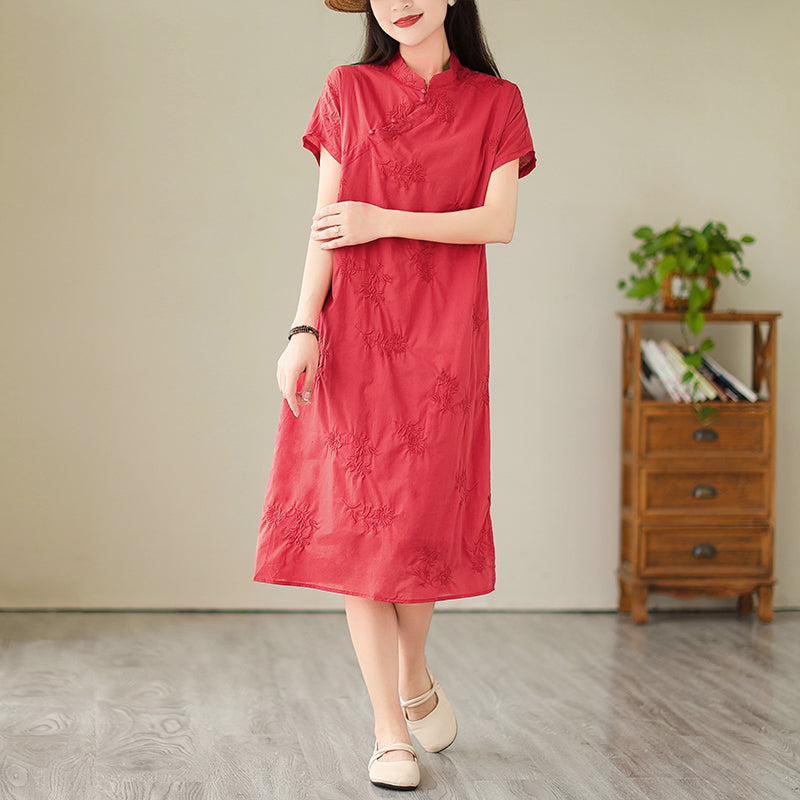 Plus Size Red Casual Cheongsam Midi Dress
