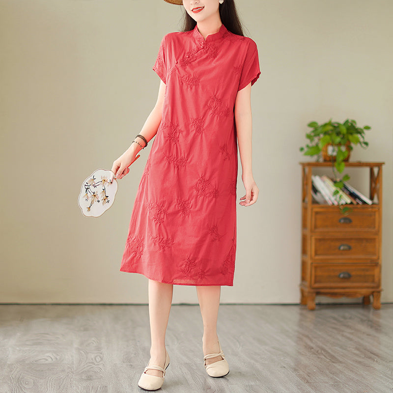 Plus Size Red Casual Cheongsam Midi Dress
