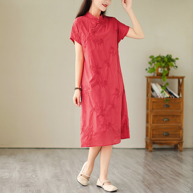 Plus Size Red Casual Cheongsam Midi Dress