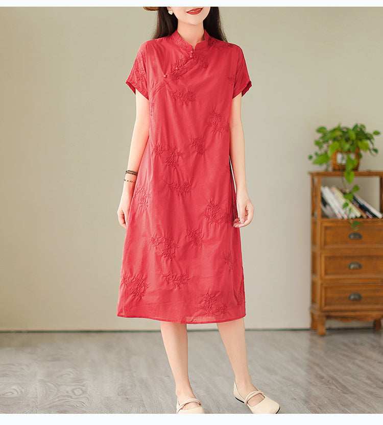 Plus Size Red Casual Cheongsam Midi Dress