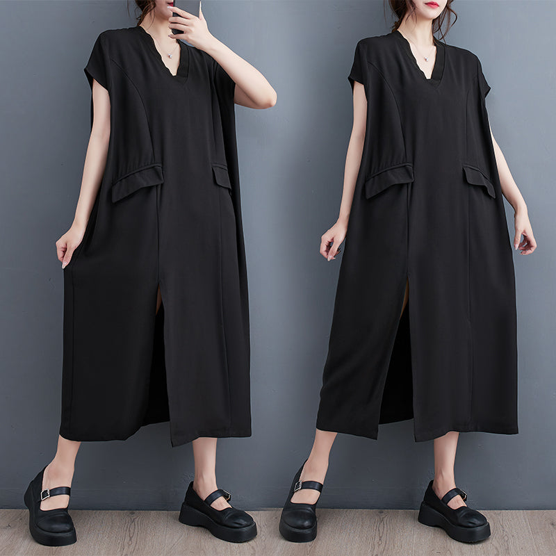 Plus Size Black V Neck Slit Midi Dress