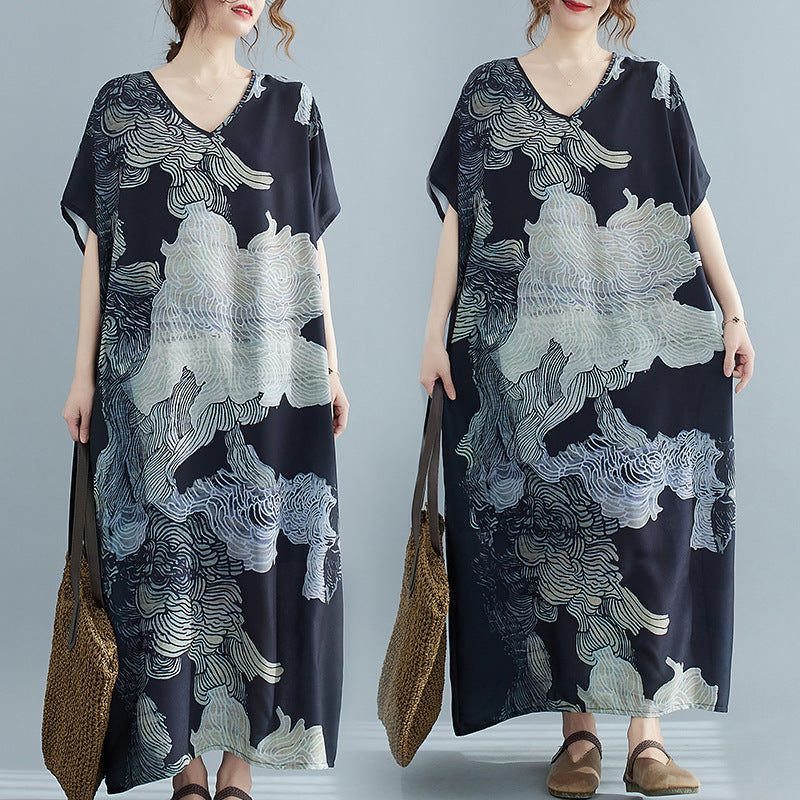 Plus Size Oriental Print V Neck Midi Dress