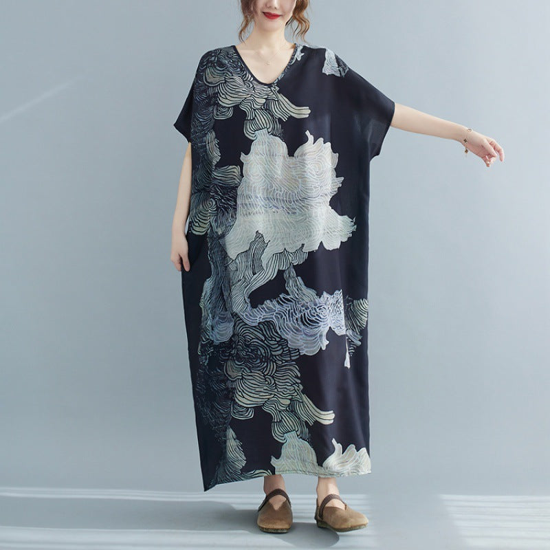 Plus Size Oriental Print V Neck Midi Dress