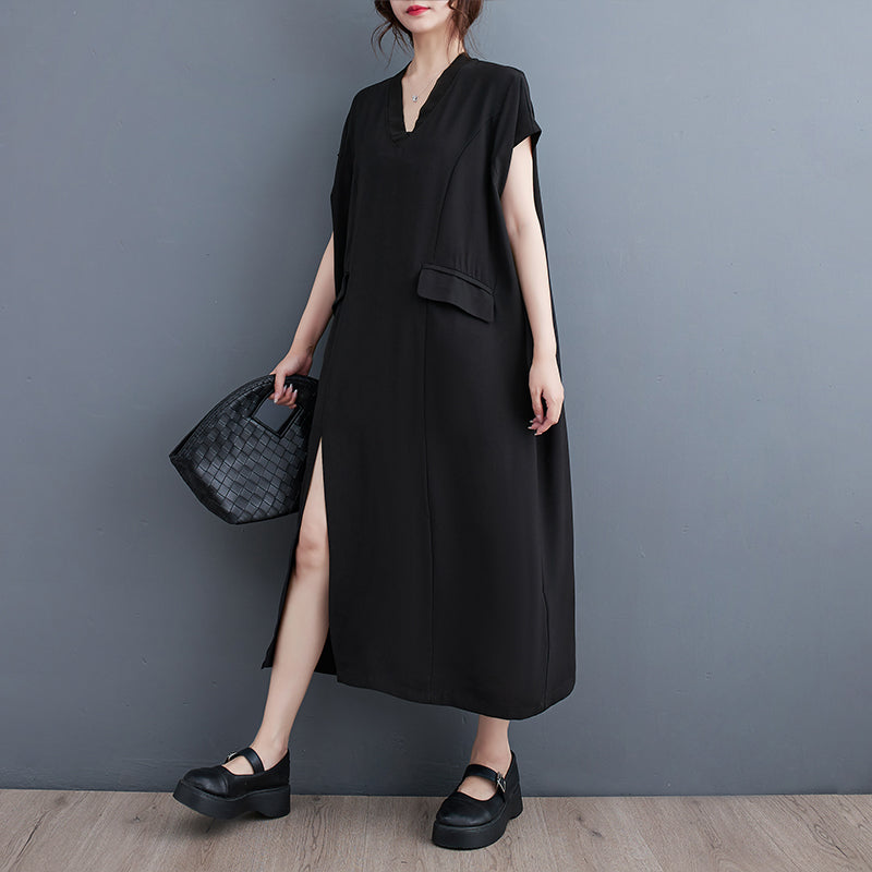 Plus Size Black V Neck Slit Midi Dress