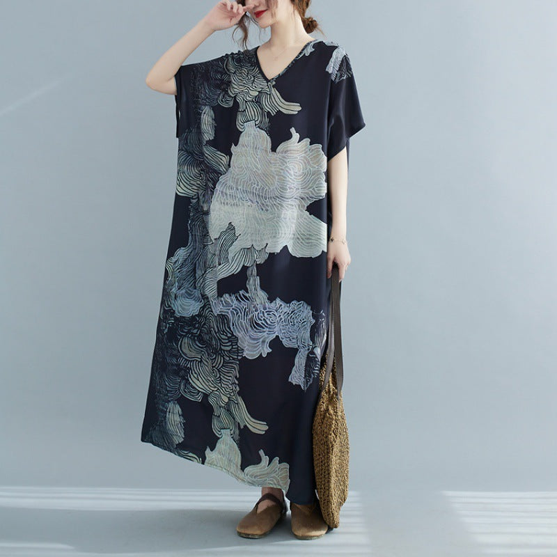 Plus Size Oriental Print V Neck Midi Dress