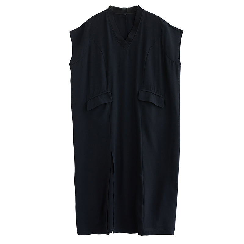 Plus Size Black V Neck Slit Midi Dress
