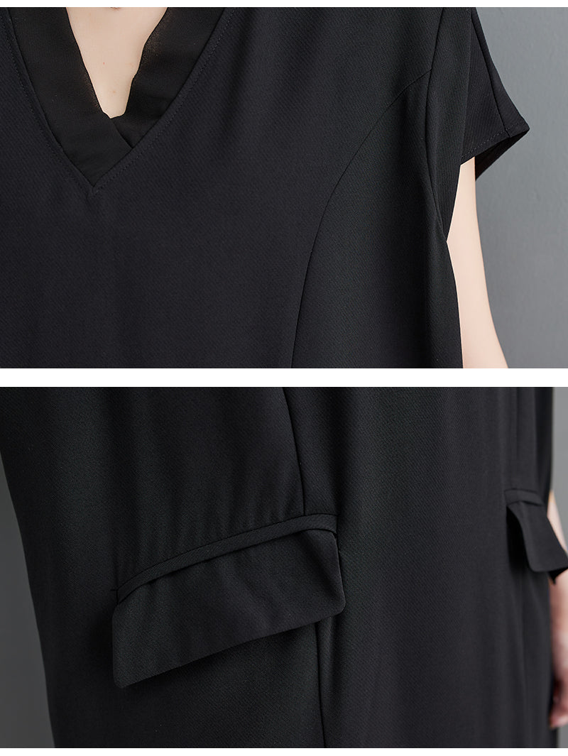 Plus Size Black V Neck Slit Midi Dress
