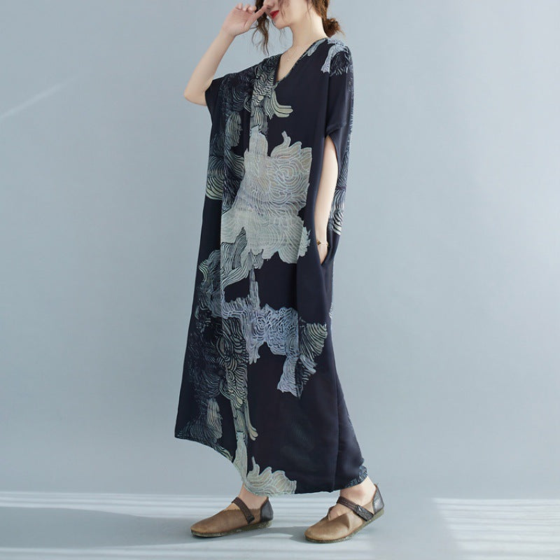 Plus Size Oriental Print V Neck Midi Dress