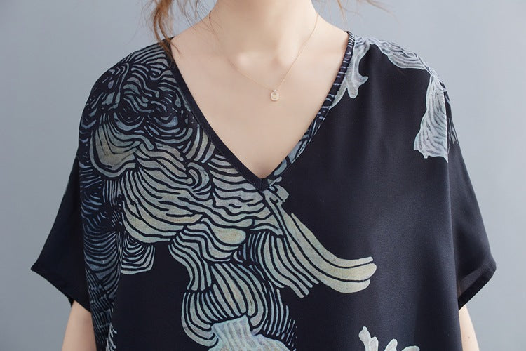 Plus Size Oriental Print V Neck Midi Dress