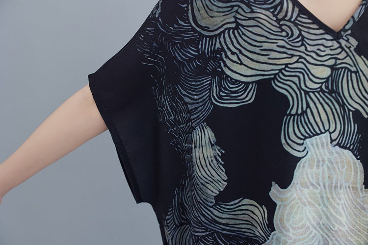 Plus Size Oriental Print V Neck Midi Dress