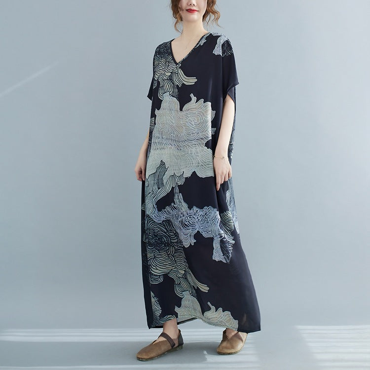Plus Size Oriental Print V Neck Midi Dress