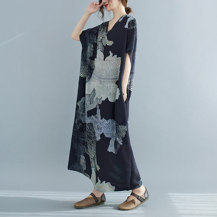 Plus Size Oriental Print V Neck Midi Dress
