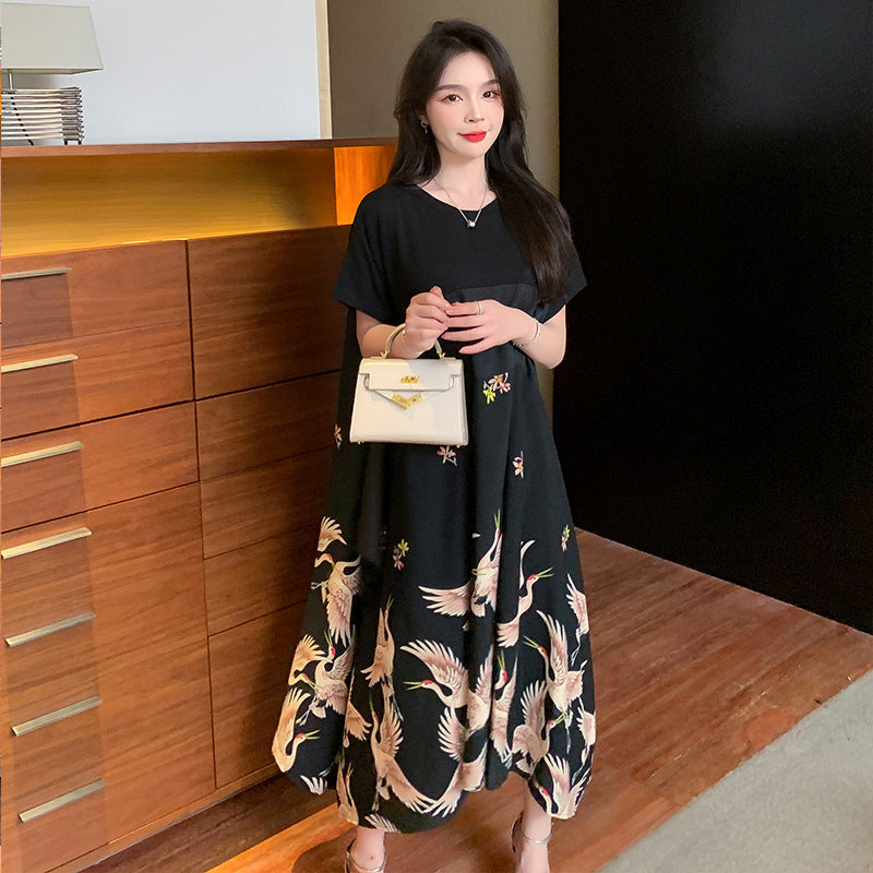 Plus Size Chinese Cranes Midi Dress