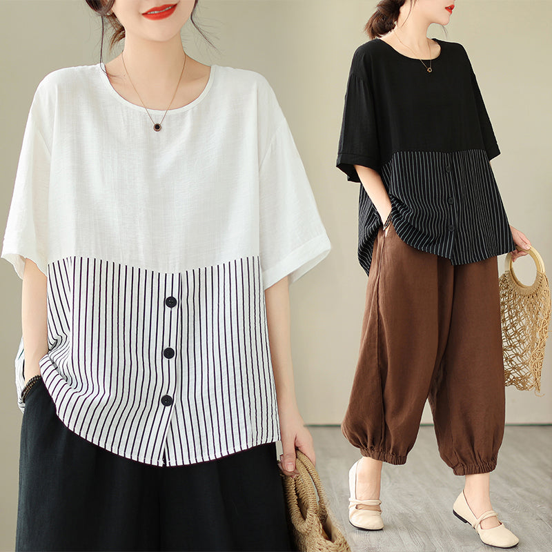 Plus Size Stripes Button Loose Blouse