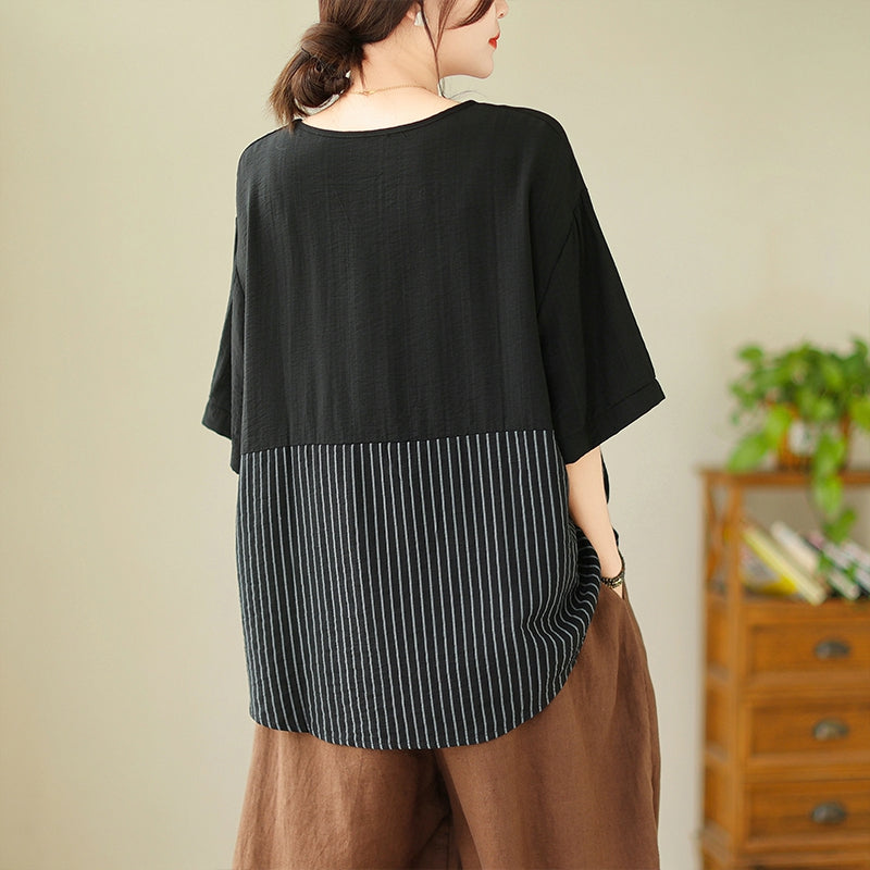 Plus Size Stripes Button Loose Blouse