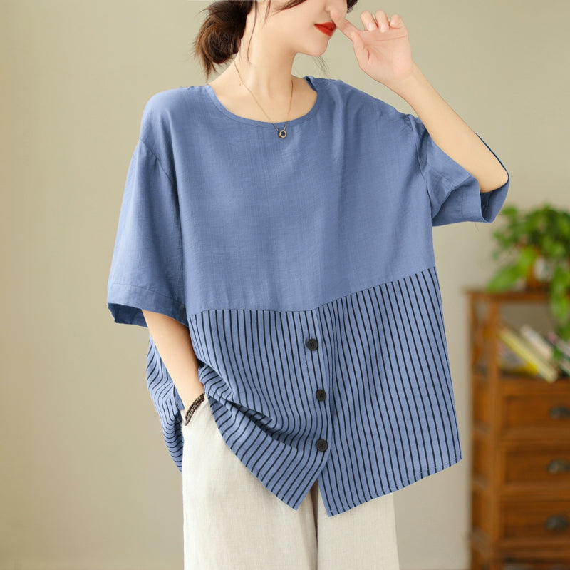 Plus Size Stripes Button Loose Blouse