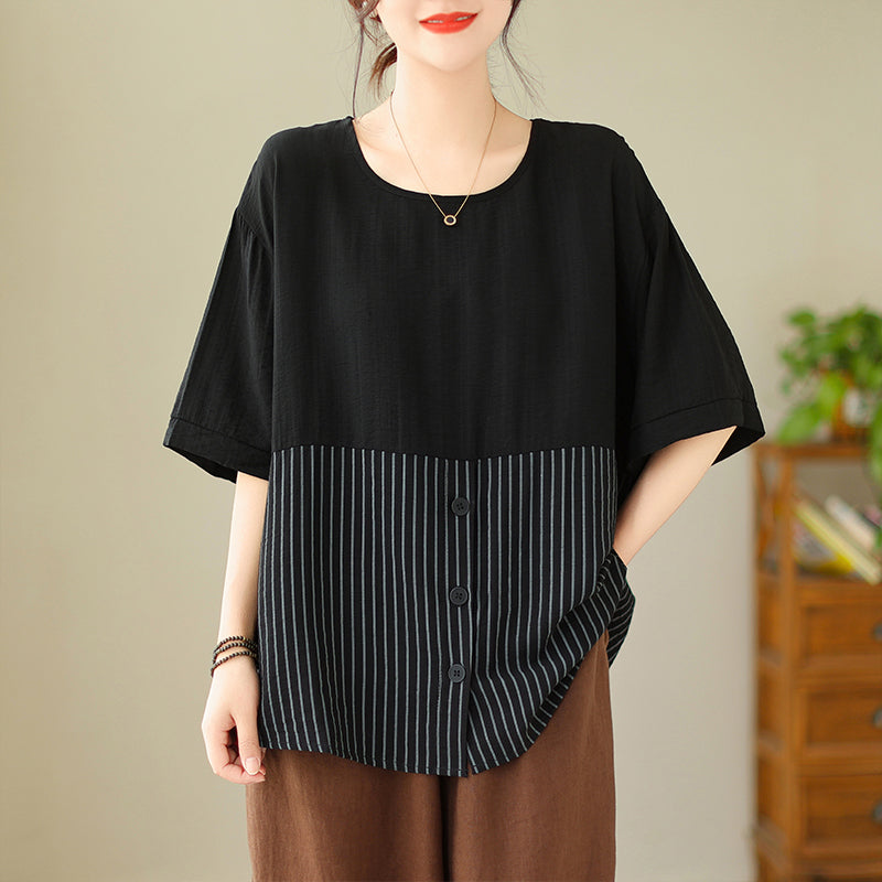 Plus Size Stripes Button Loose Blouse