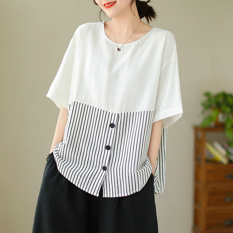 Plus Size Stripes Button Loose Blouse