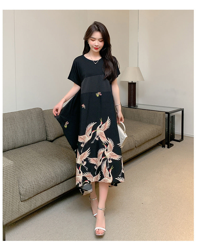 Plus Size Chinese Cranes Midi Dress
