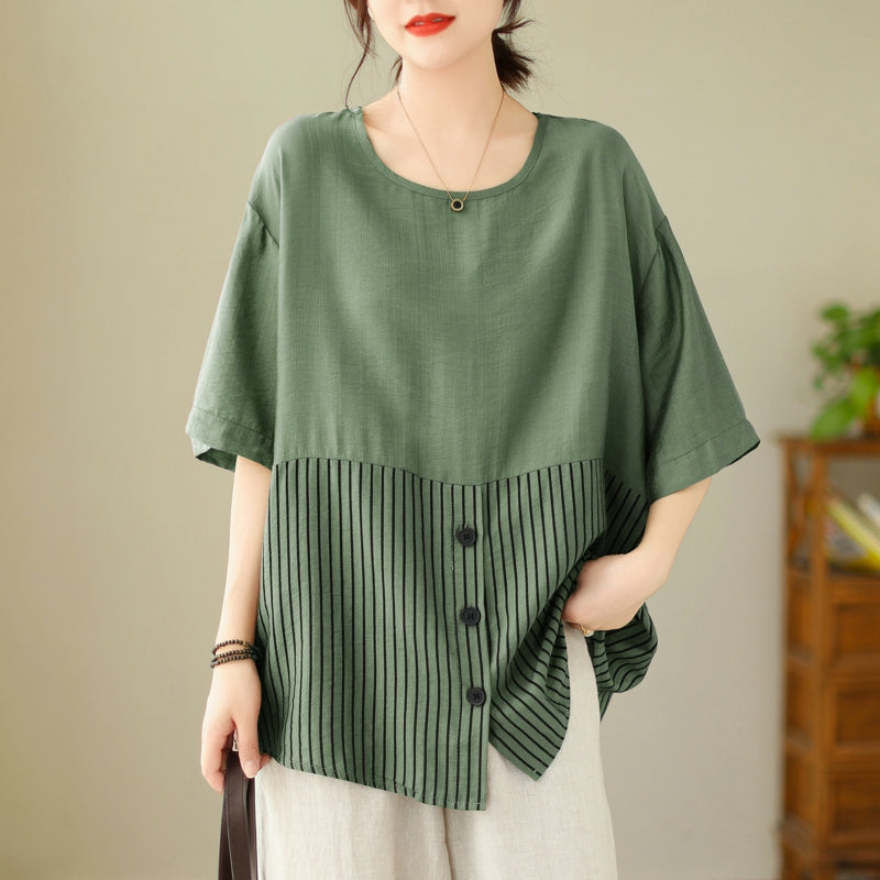 Plus Size Stripes Button Loose Blouse