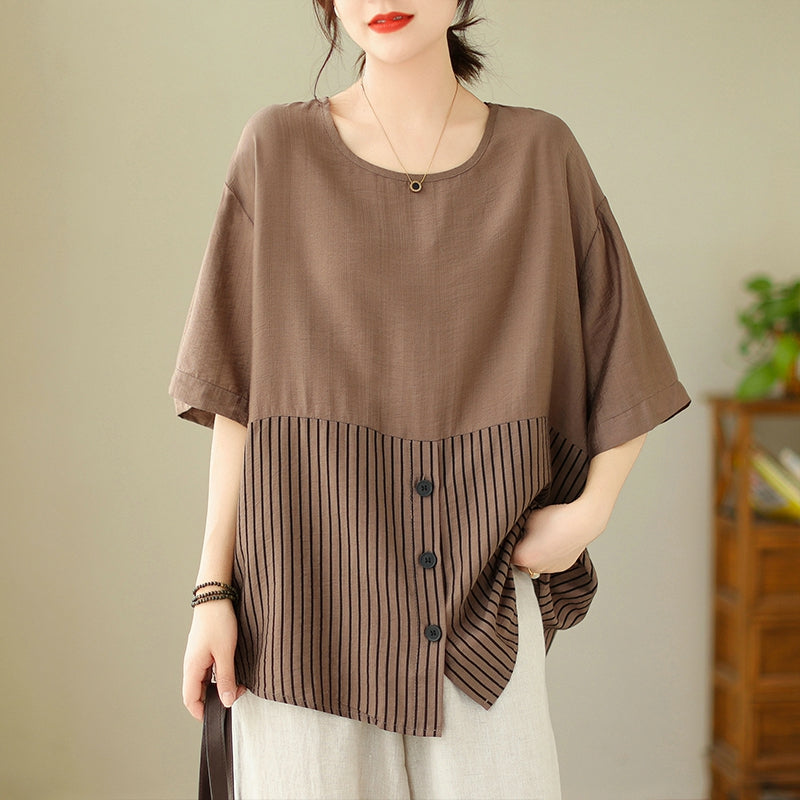 Plus Size Stripes Button Loose Blouse