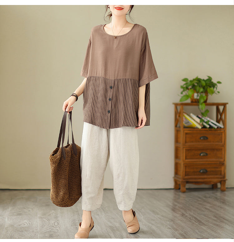 Plus Size Stripes Button Loose Blouse