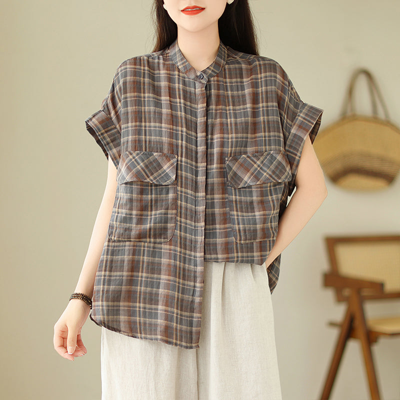 Plus Size Rustic Checks Button Shirt Blouse
