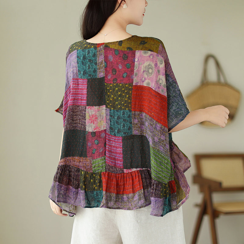 Plus Size Patchwork Babydoll Blouse
