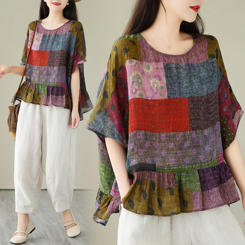 Plus Size Patchwork Babydoll Blouse