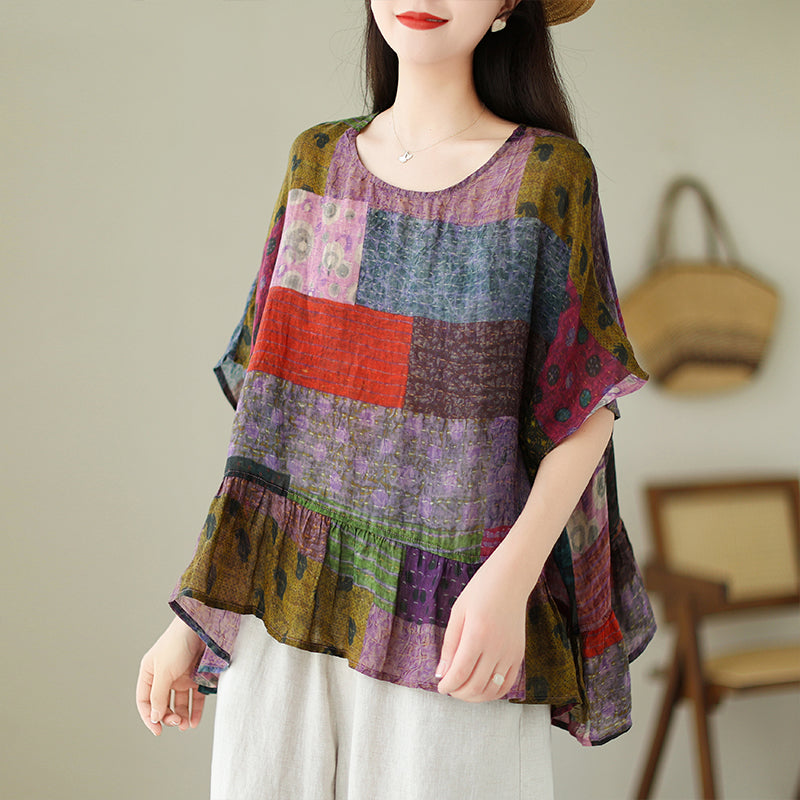 Plus Size Patchwork Babydoll Blouse