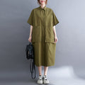 Plus Size Cargo Pockets Midi Shirt Dress