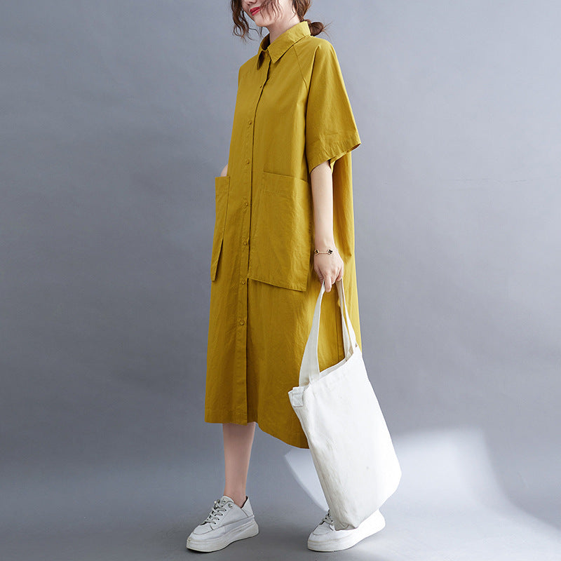 Plus Size Cargo Pockets Midi Shirt Dress