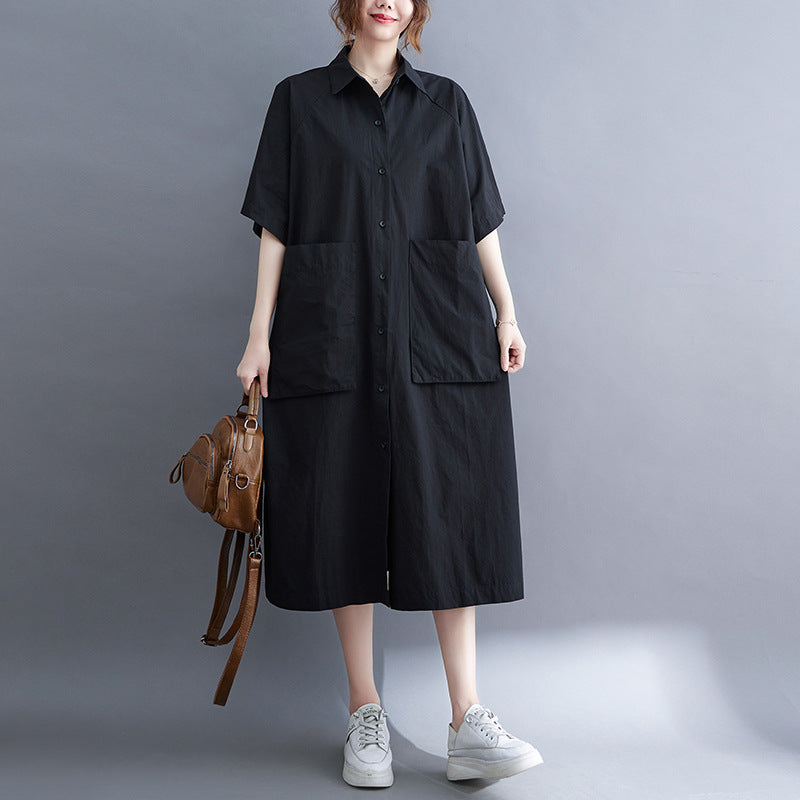 Plus Size Cargo Pockets Midi Shirt Dress